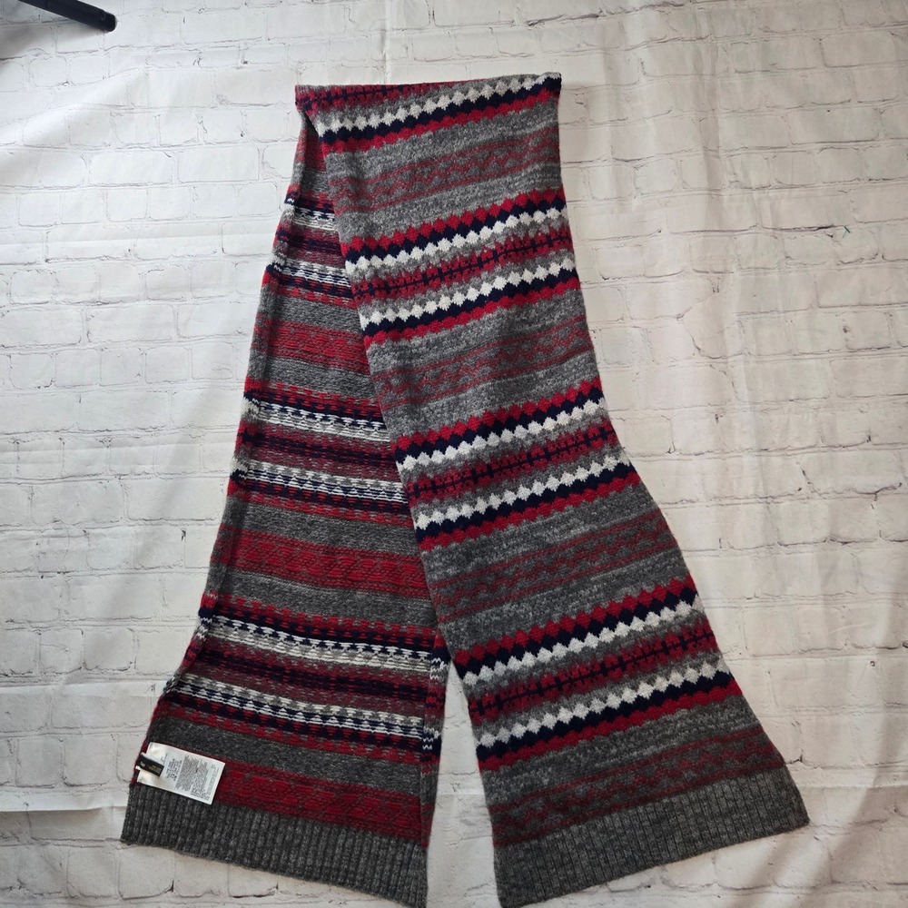 Gap Fair Isle Lambswool Blend Scarf Grey Red Navy Knit Winter Scarf